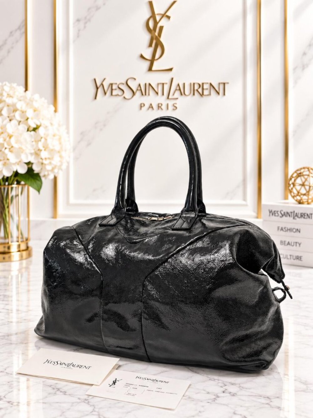 Authentic Yves Saint Laurent YSL Patent Leather Easy Boston Satchel Handbag